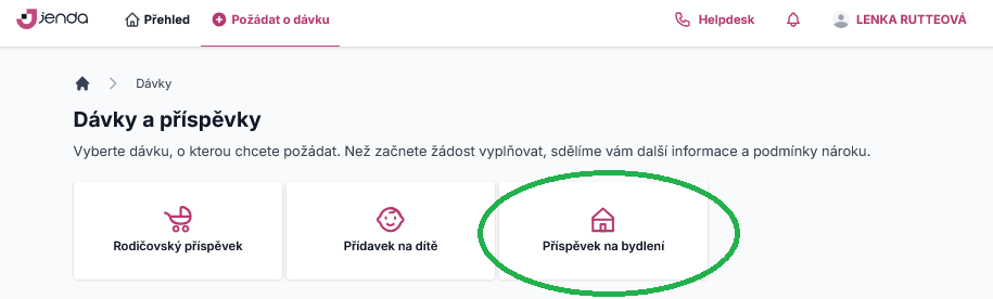 Výběr mezi dávkami, o něž můžete požádat prostřednictvím aplikace Jenda Výběr mezi dávkami, o něž můžete požádat prostřednictvím aplikace Jenda