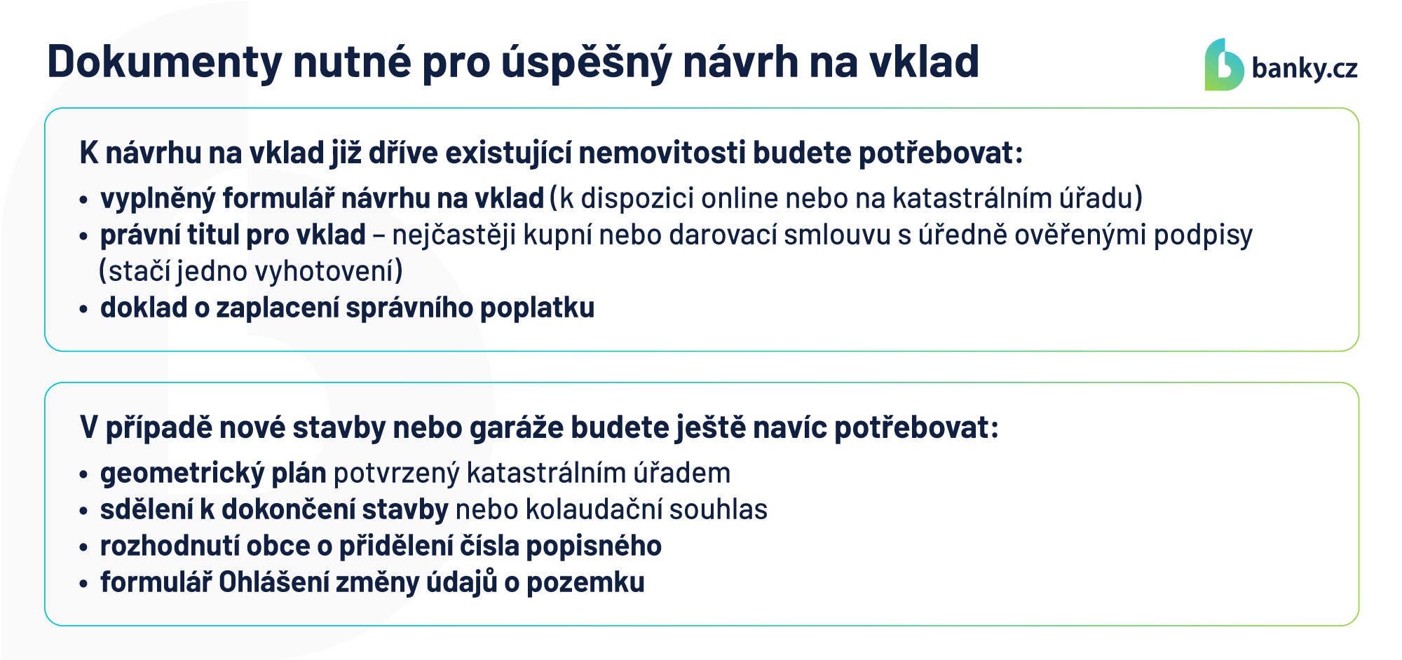 K návrhu na vklad již dříve existující nemovitosti budete potřebovat: K návrhu na vklad již dříve existující nemovitosti budete potřebovat: