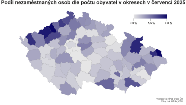 Podíl nezaměstnaných osob v červenci 2025 dle okresů